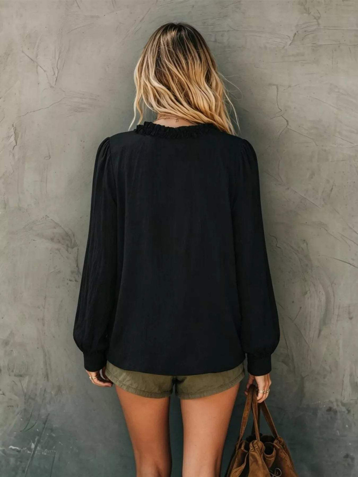 Frill V-Neck Long Sleeve Blouse - Trendsi - Flyclothing LLC