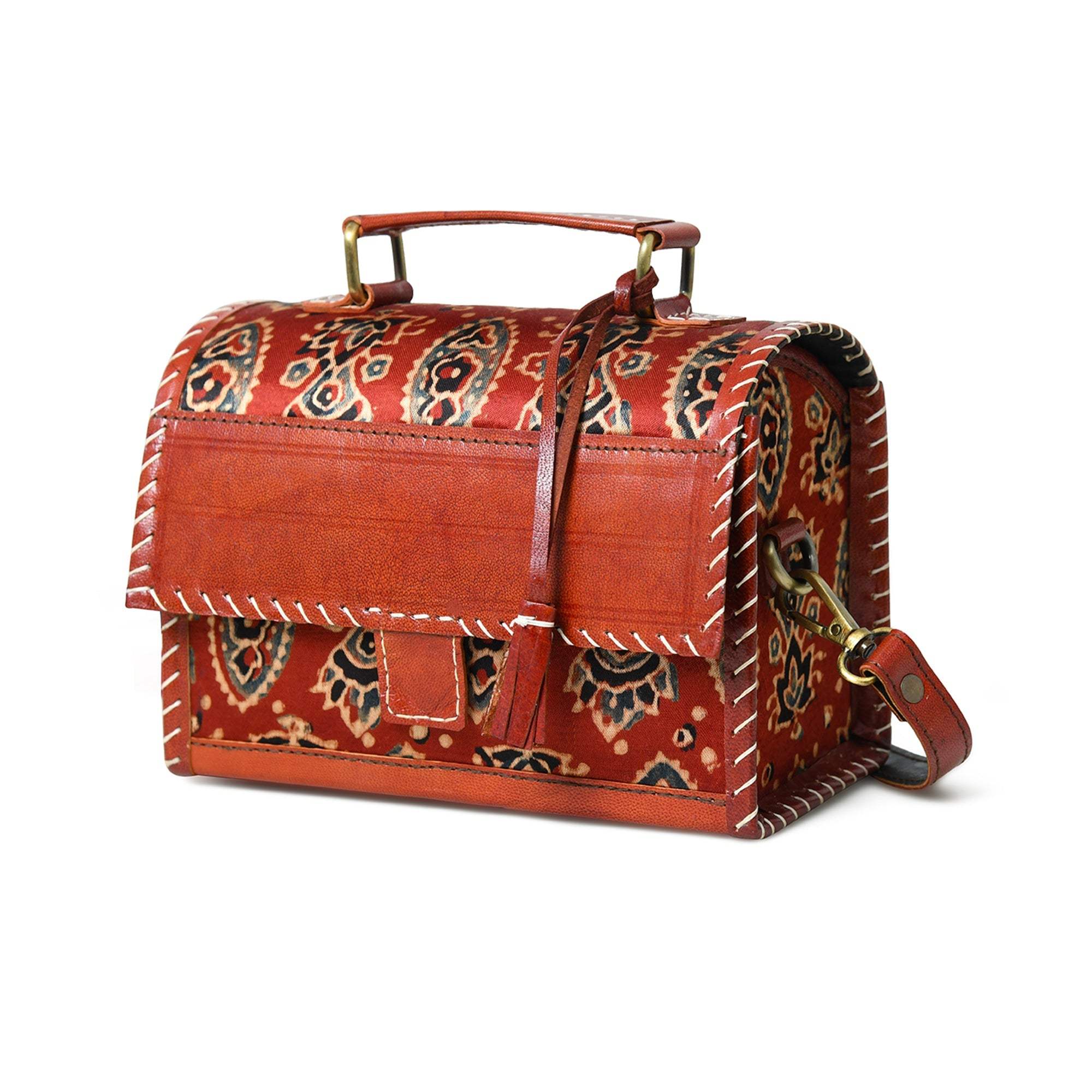 Maroon Mystique Ajrakh Satchel Purse - Classy Leather Bags - Flyclothing LLC