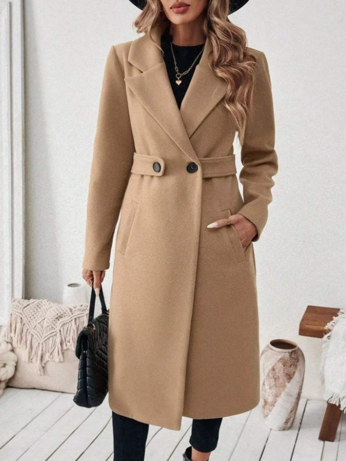 Full Size Elegant Lapel Collar Belted Coat with Pockets Plus Size - Trendsi - Flyclothing LLC