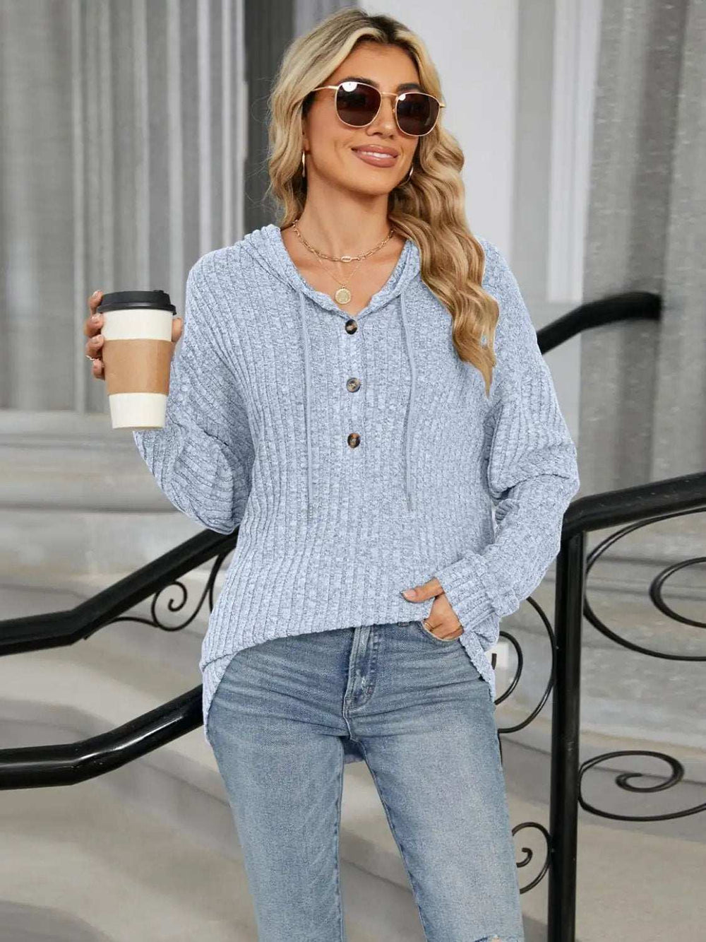 Half Button Long Sleeve Hooded Top - Trendsi - Flyclothing LLC