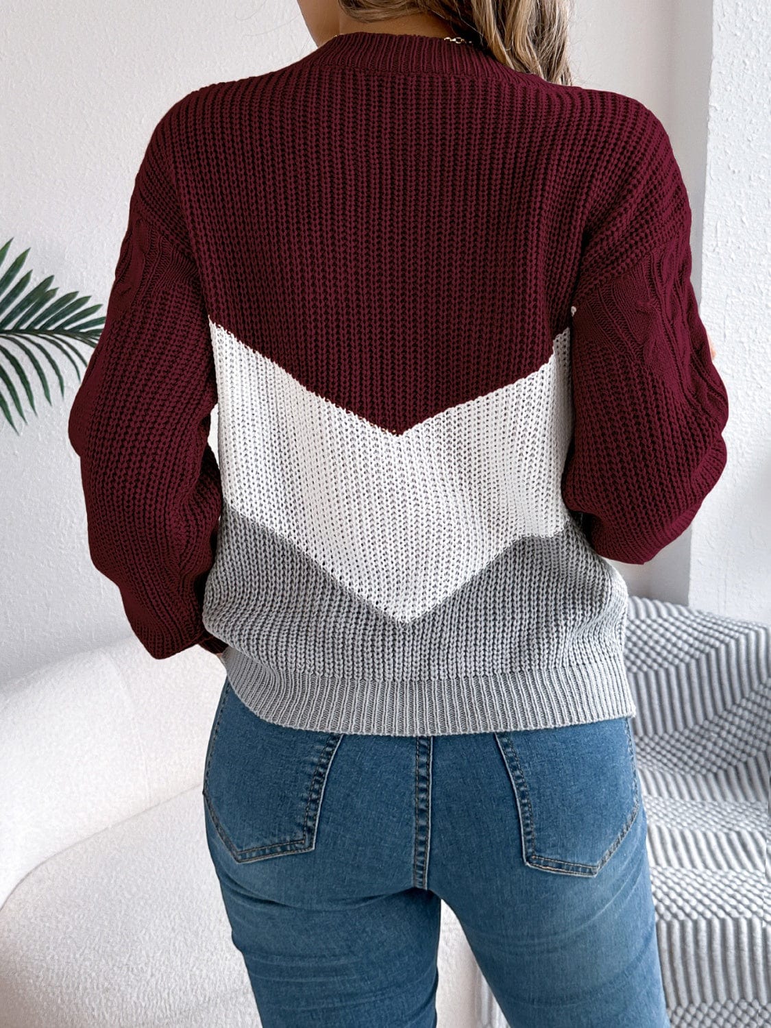 Cable-Knit Color Block Round Neck Sweater - Trendsi