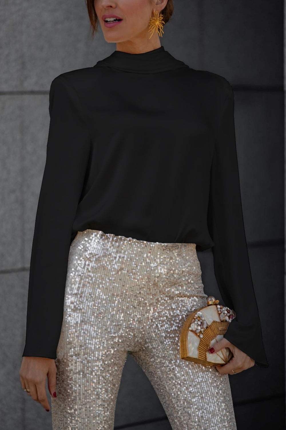 Backless Cowl Neck Long Sleeve Blouse - Trendsi - Flyclothing LLC