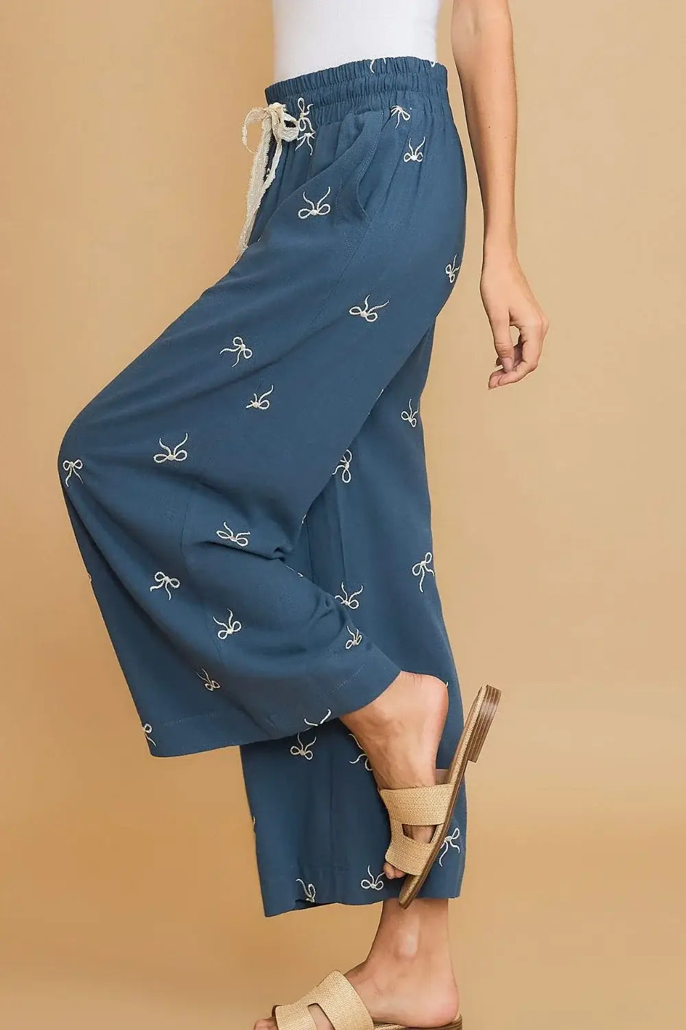 Umgee Full Size Lace Drawstring Embroidered Bow Wide Leg Pants Plus Size - Trendsi - Flyclothing LLC