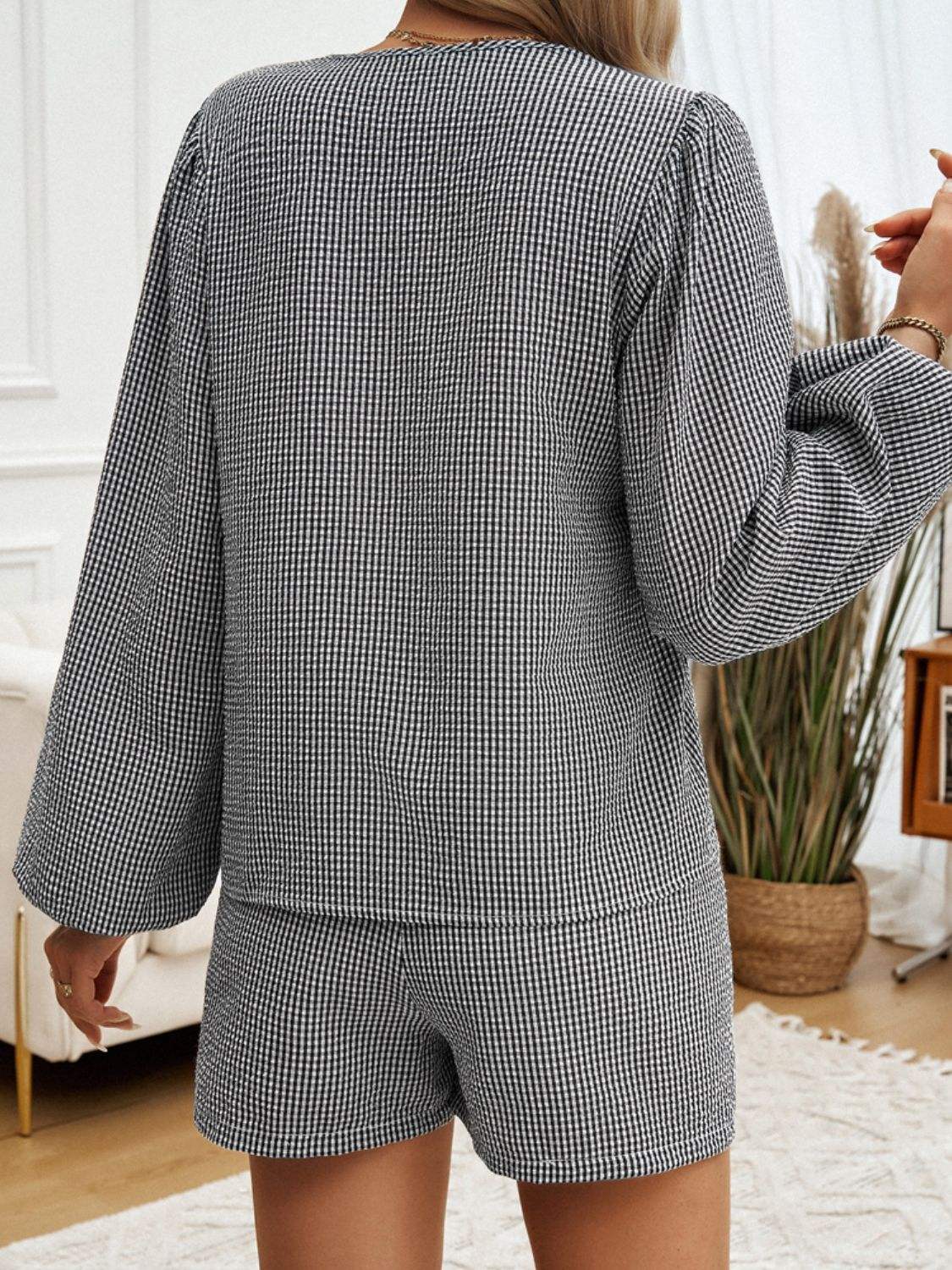 Tied Long Sleeve Top and Shorts Set - Trendsi - Flyclothing LLC