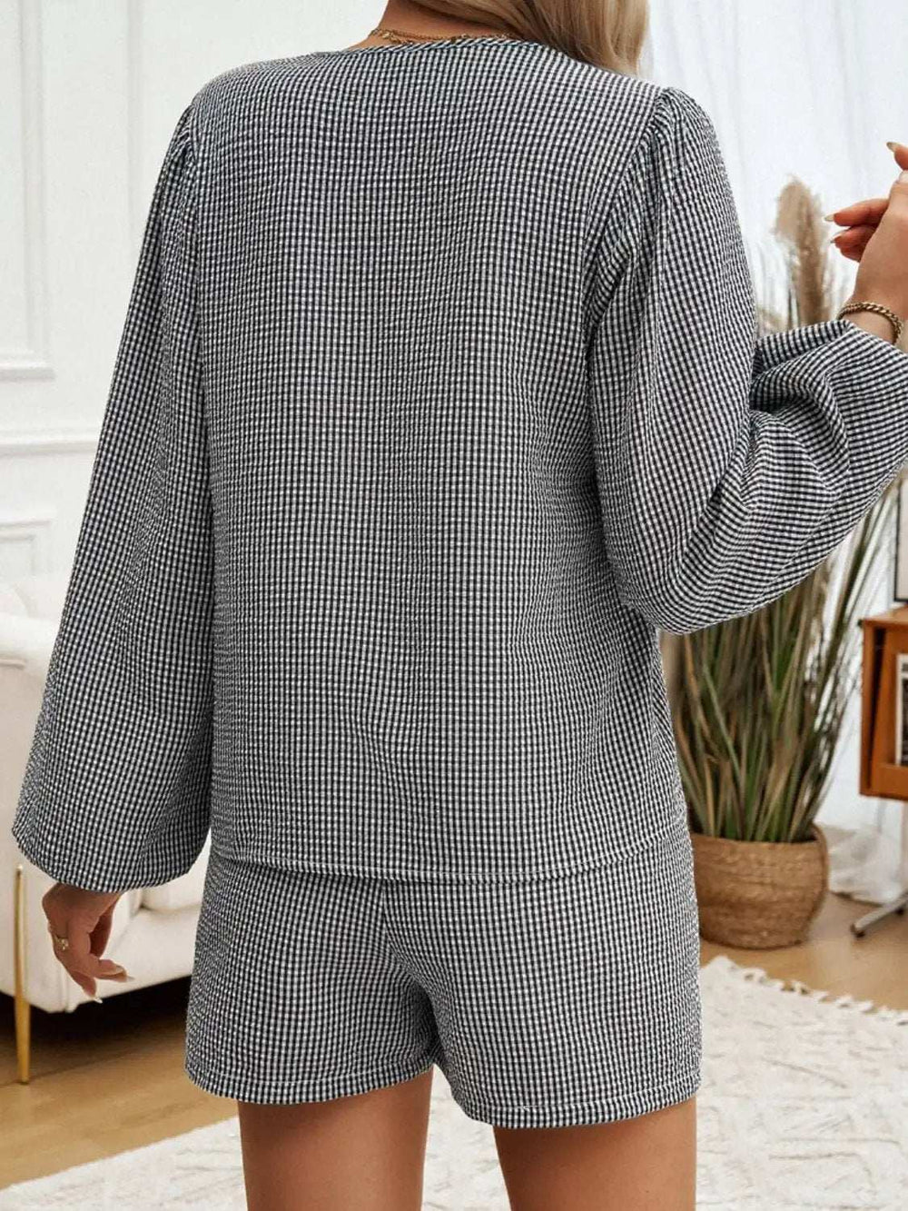 Tied Long Sleeve Top and Shorts Set - Trendsi - Flyclothing LLC