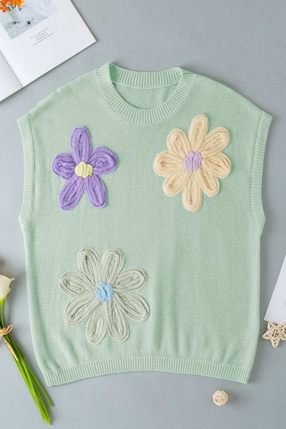 Crochet Flower Round Neck Sweater Vest - Trendsi - Flyclothing LLC
