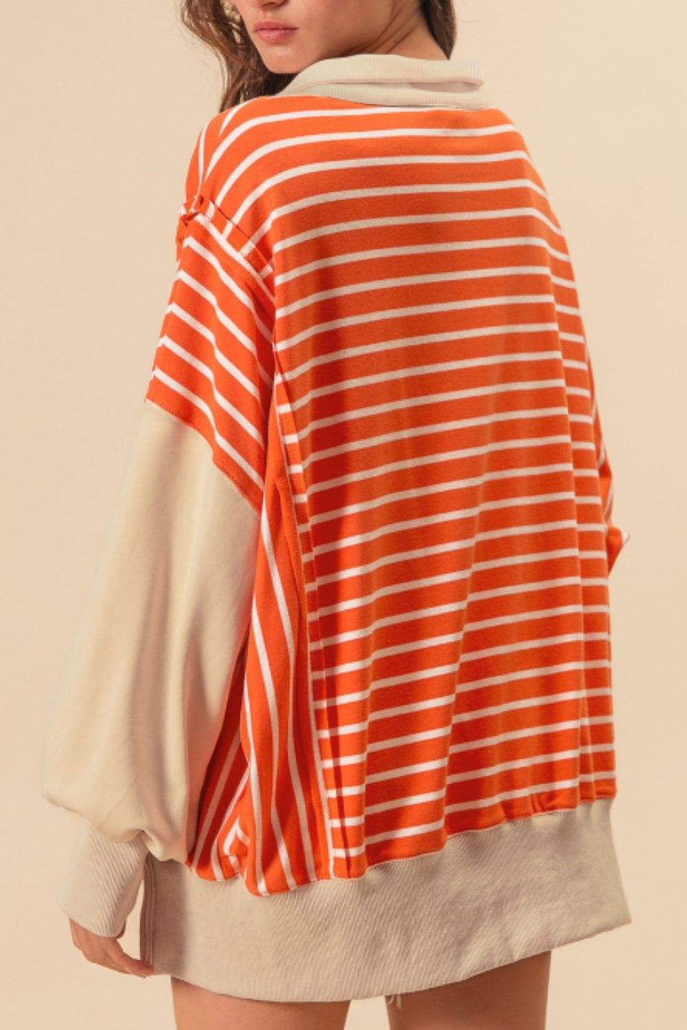 Striped Johnny Collar Long Sleeve Sweatshirt - Trendsi - Flyclothing LLC