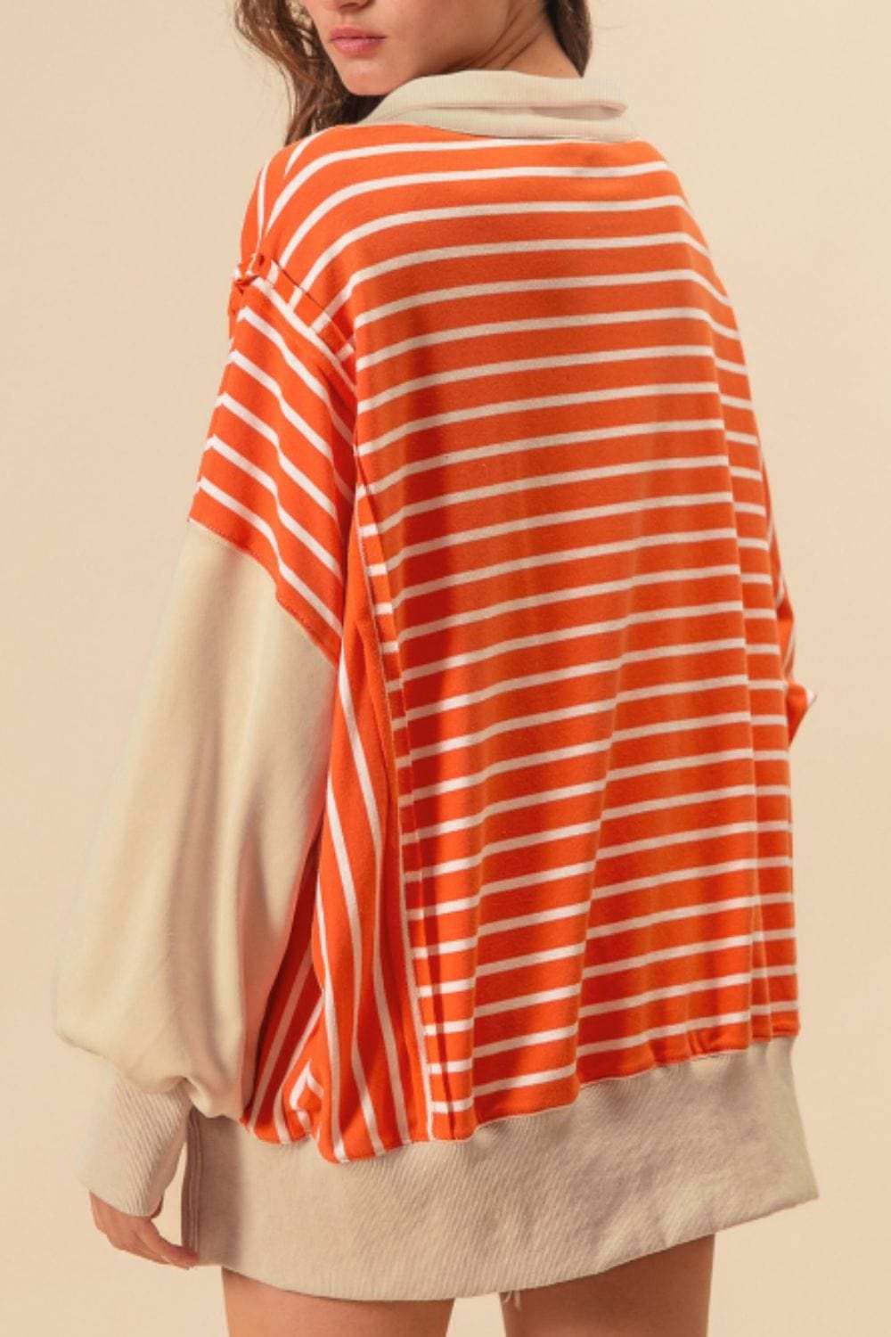 Striped Johnny Collar Long Sleeve Sweatshirt - Trendsi - Flyclothing LLC