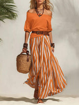 Off Shoulder Top and Striped Maxi Skirt Set - Trendsi - Flyclothing LLC