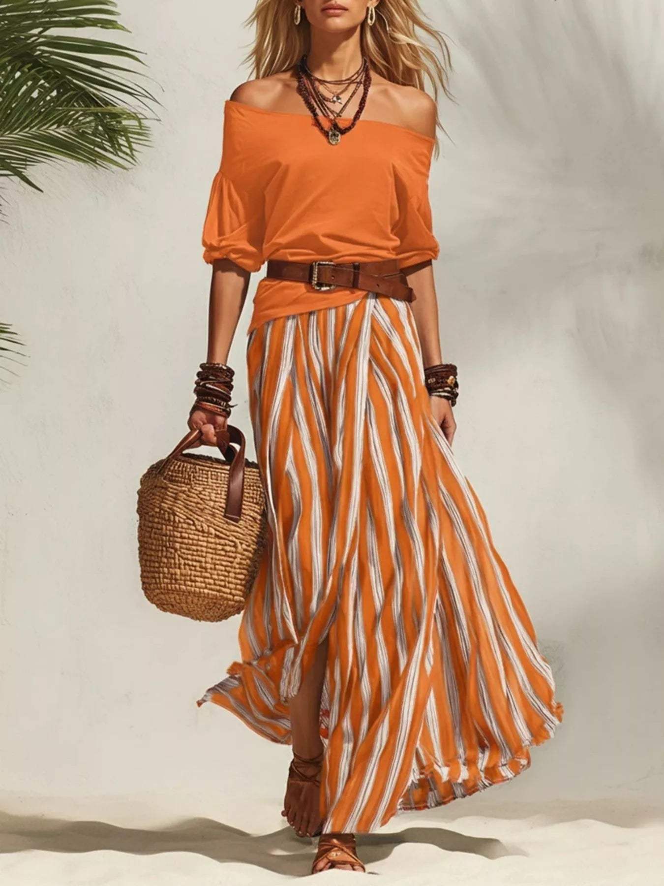 Off Shoulder Top and Striped Maxi Skirt Set - Trendsi - Flyclothing LLC