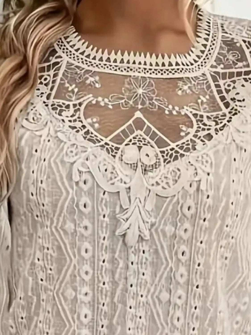 Lace Eyelet Long Sleeve Top - Trendsi - Flyclothing LLC