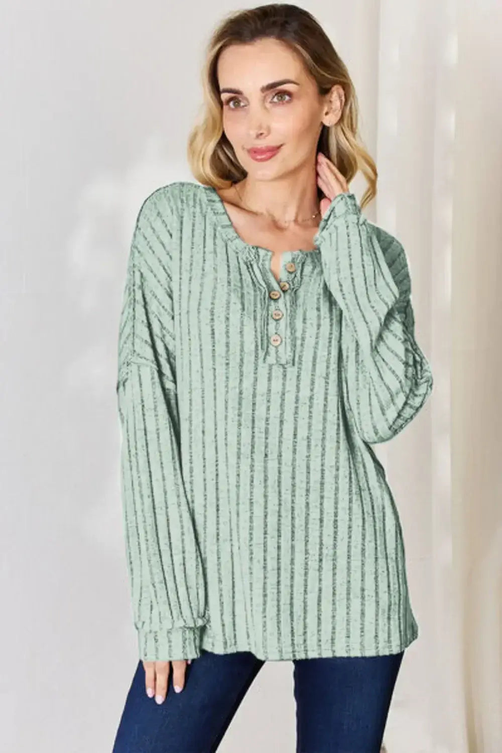 Basic Bae Full Size Ribbed Half Button Long Sleeve T-Shirt - ShopBasicbae - Flyclothing LLC
