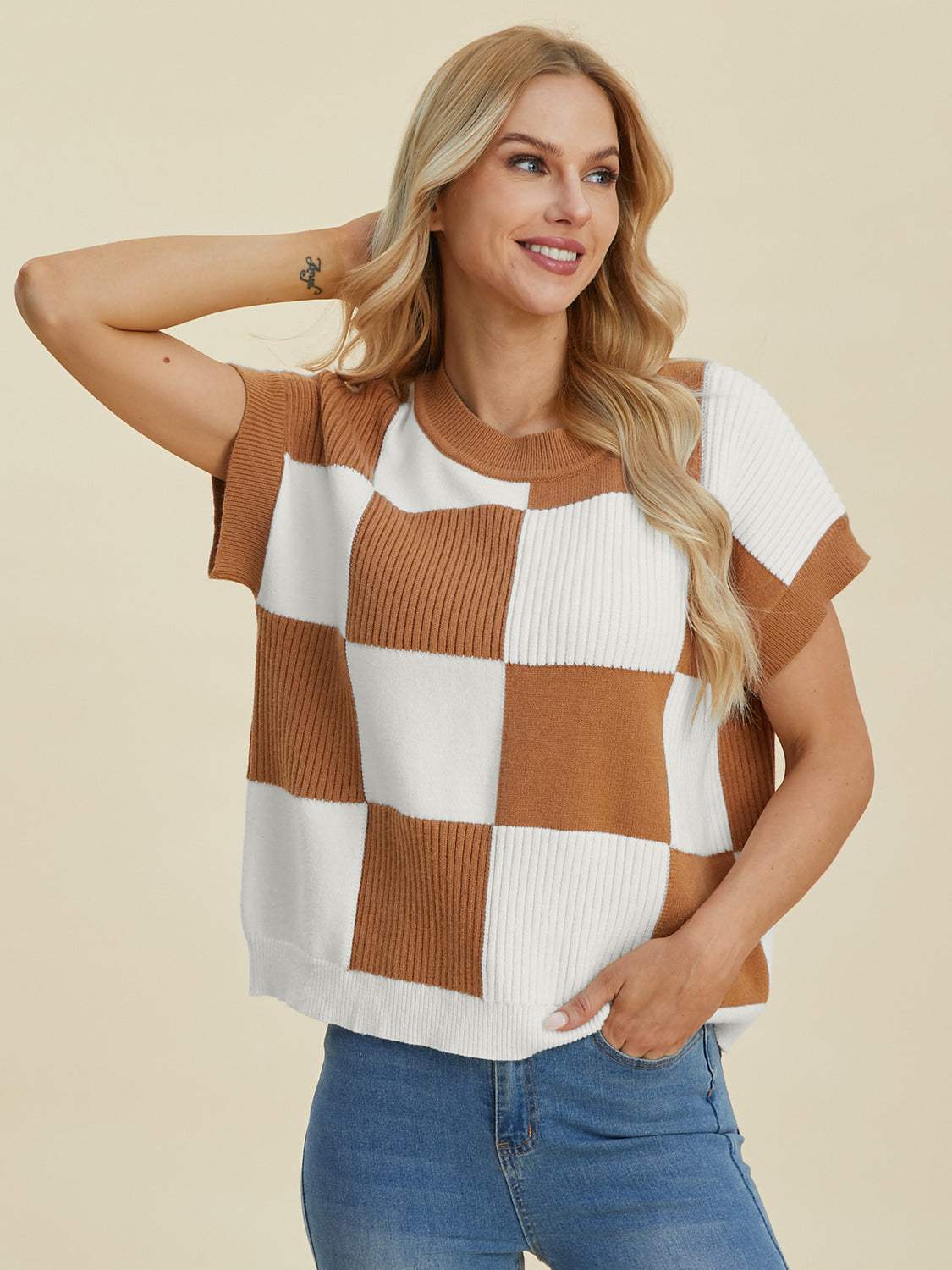 Double Take Full Size Checkered Round Neck Short Sleeve Sweater - Trendsi - Flyclothing LLC