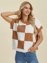 Double Take Full Size Checkered Round Neck Short Sleeve Sweater - Trendsi - Flyclothing LLC