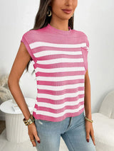 Striped Mock Neck Cap Sleeve Knit Top - Trendsi - Flyclothing LLC