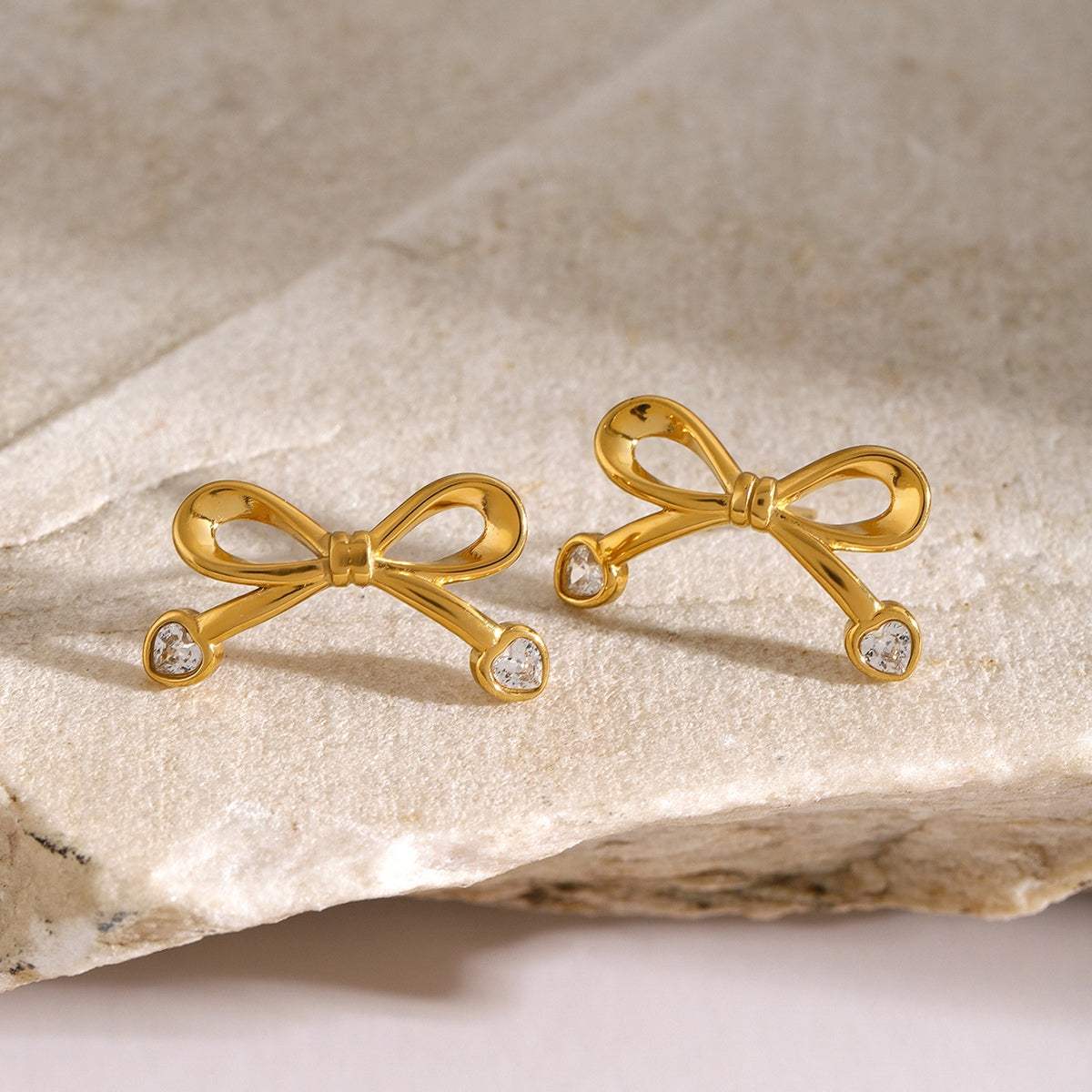 Stainless Steel Inlaid Zircon Bow Earrings - Trendsi - Flyclothing LLC