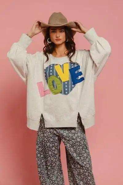 BiBi LOVE Heart Patch Slit French Terry Sweatshirt - Trendsi - Flyclothing LLC