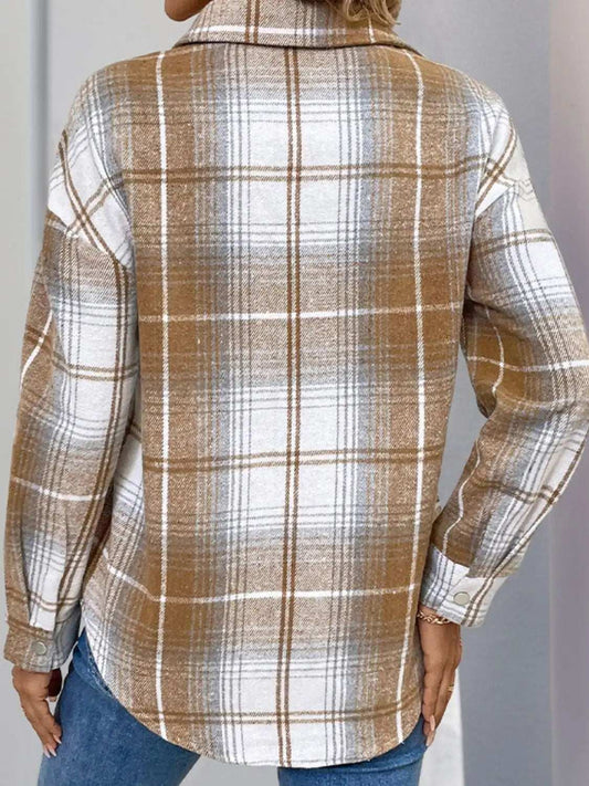 Perfee Plaid Collared Neck Half Zip Long Sleeve Top - Trendsi - Flyclothing LLC