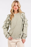 Mittoshop Ruffled Mineral Washed Round Neck Long Sleeve Sweatshirt - Trendsi