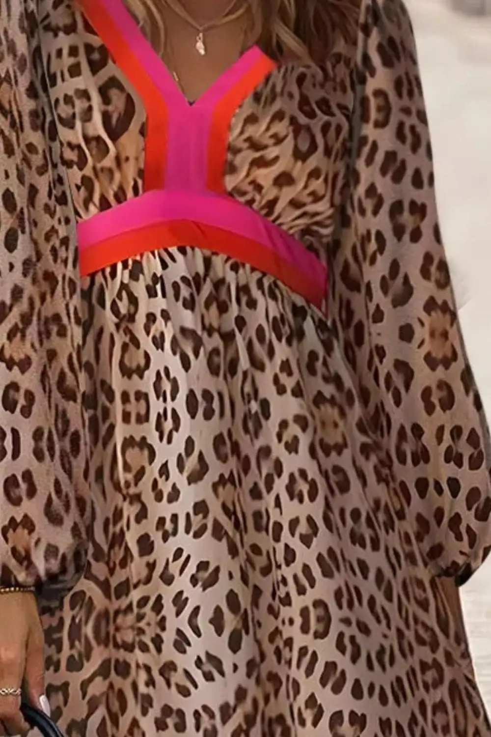 Leopard V-Neck Long Sleeve Maxi Dress - Trendsi - Flyclothing LLC