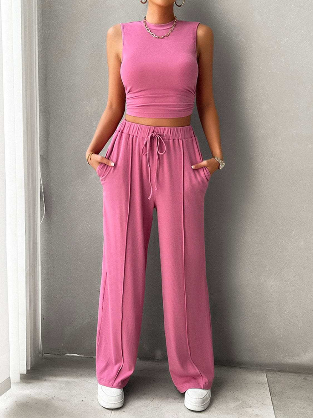 Mock Neck Sleeveless Top and Drawstring Pants Set - Trendsi - Flyclothing LLC