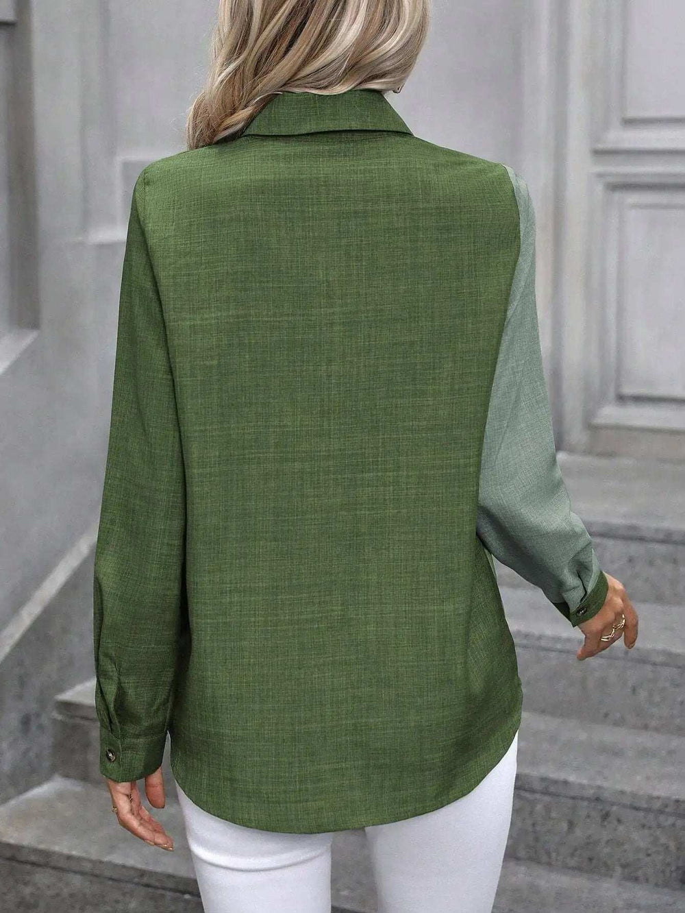 Contrast Collared Neck Long Sleeve Shirt - Trendsi - Flyclothing LLC