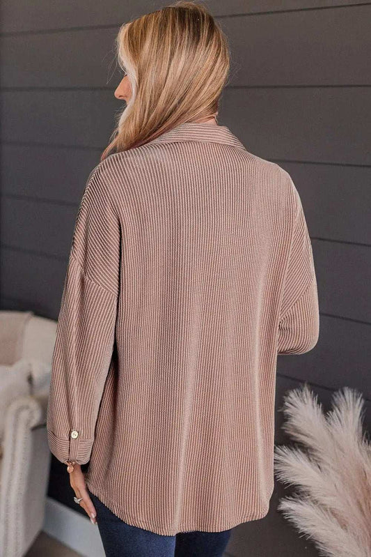 Striped Collared Neck Long Sleeve Shirt - Trendsi - Flyclothing LLC