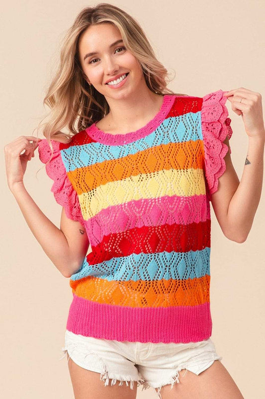 BiBi Pointelle Striped Ruffled Knit Top - Trendsi - Flyclothing LLC