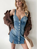 Button Down Mini Cami Denim Dress - Trendsi