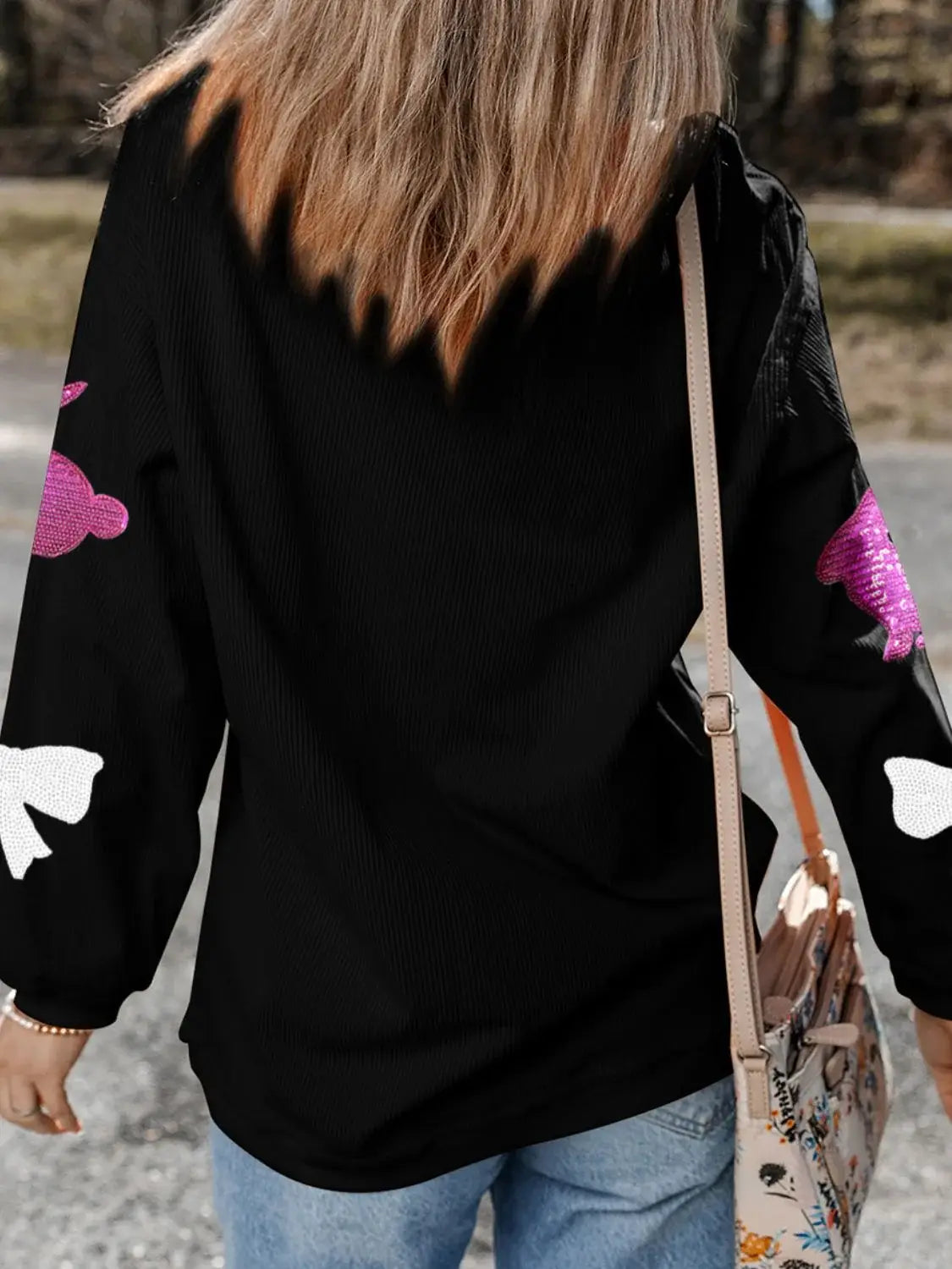 Sequin Bunny Bow Easter Corded Rib Sweatshirt - Trendsi - Flyclothing LLC