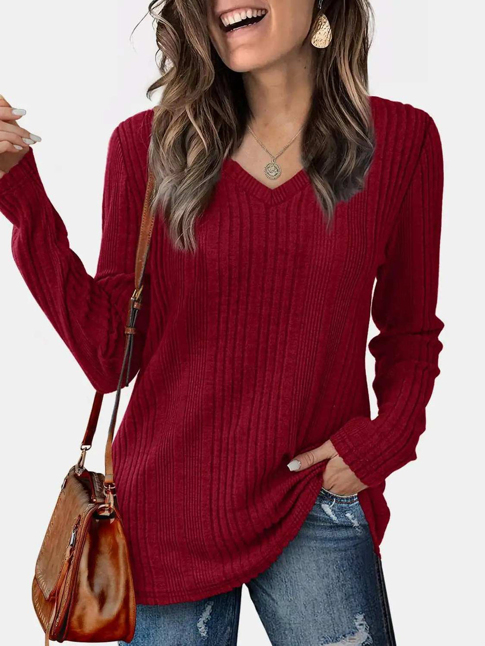 V-Neck Long Sleeve T-Shirt - Trendsi - Flyclothing LLC