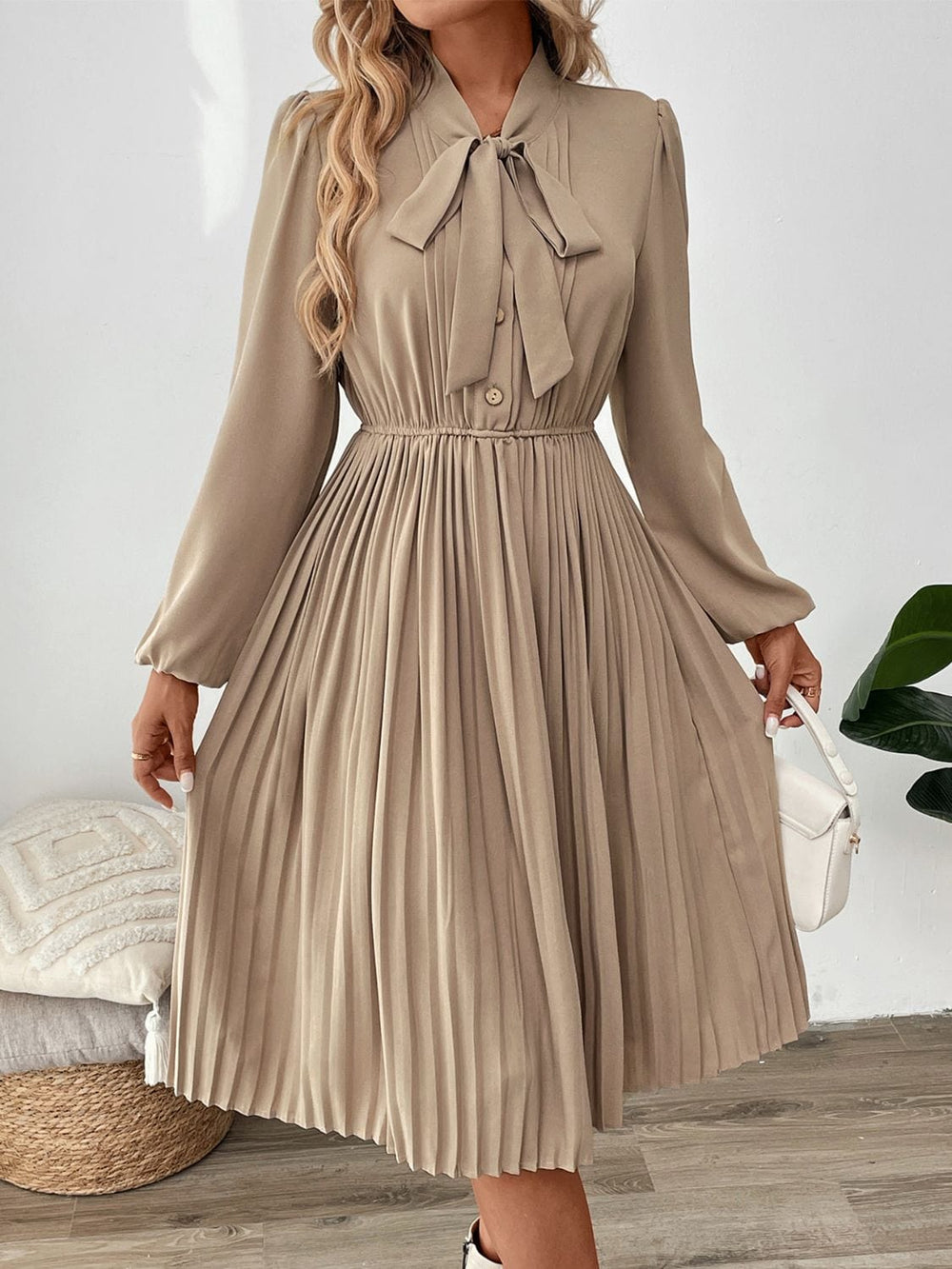 Perfee Pleated Tie Neck Long Sleeve Dress - Trendsi