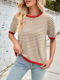 Lovelet Striped Contrast Round Neck Half Sleeve Knit Top - Trendsi - Flyclothing LLC