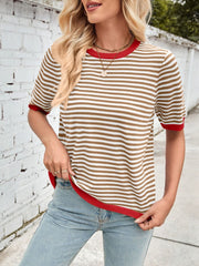 Lovelet Striped Contrast Round Neck Half Sleeve Knit Top - Trendsi