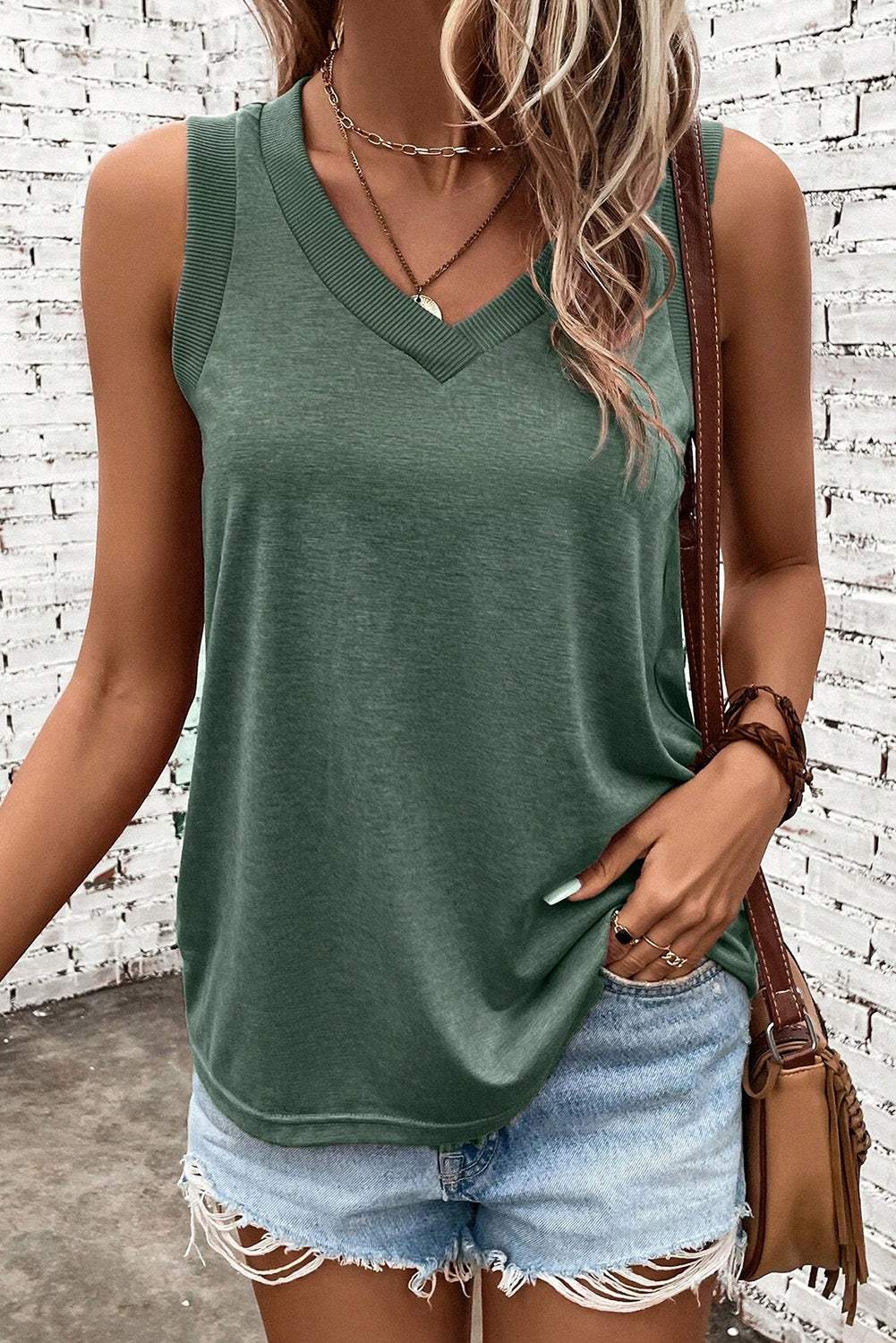 V-Neck Wide Strap Tank - Trendsi - Flyclothing LLC