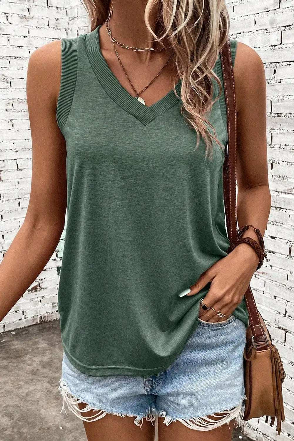 V-Neck Wide Strap Tank - Trendsi - Flyclothing LLC