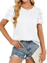 Smocked Round Neck Ruffled Layered Sleeve Blouse - Trendsi - Flyclothing LLC