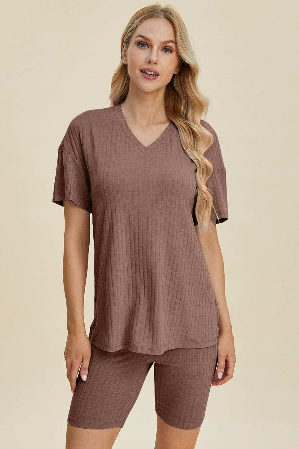 Basic Bae Full Size Ribbed V-Neck Short Sleeve Top and Shorts Set - Trendsi - Flyclothing LLC