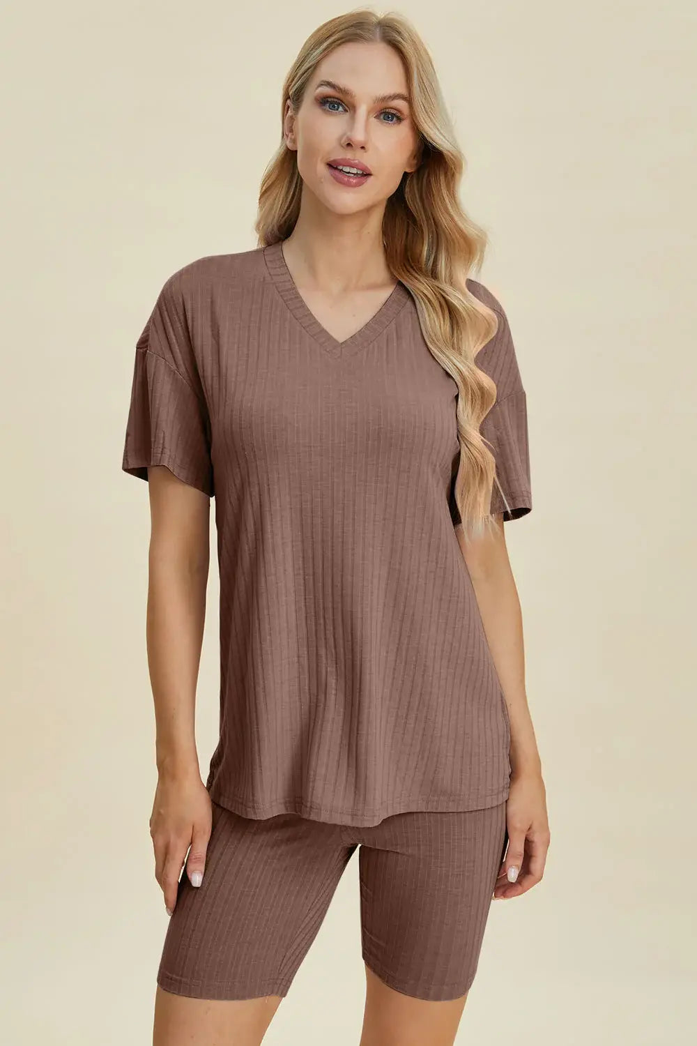 Basic Bae Full Size Ribbed V-Neck Short Sleeve Top and Shorts Set - ShopBasicbae - Flyclothing LLC