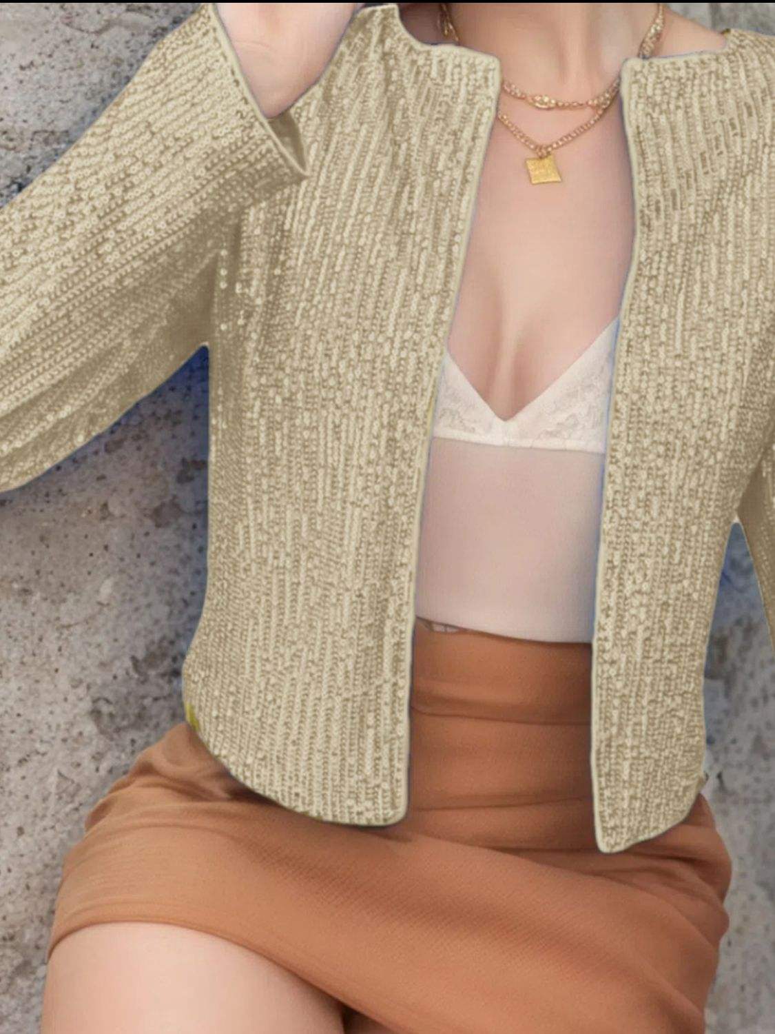 Full Size Sequin Open Front Cropped Jacket - Trendsi - Flyclothing LLC