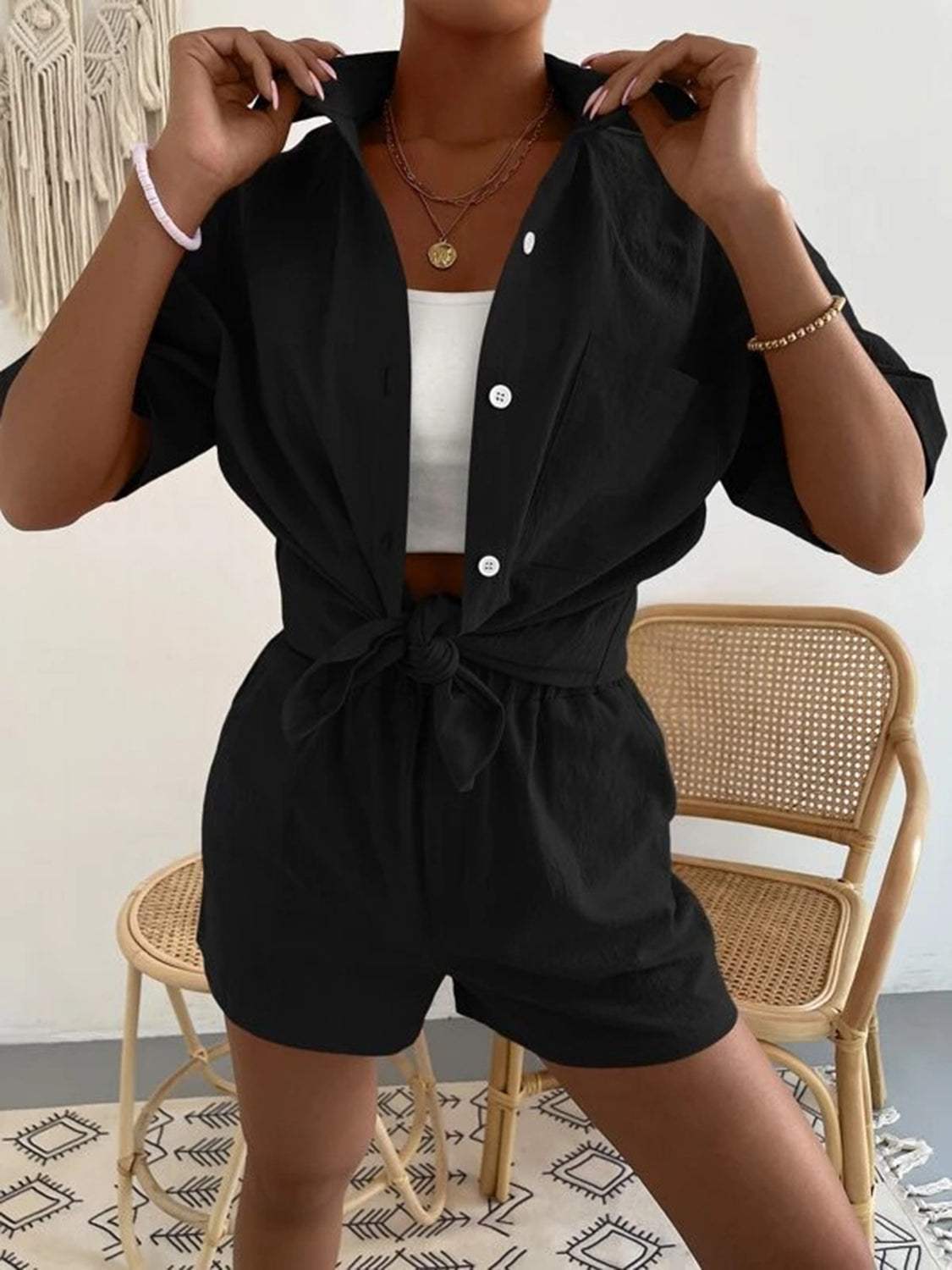 Button Up Short Sleeve Shirt and Shorts Set - Trendsi - Flyclothing LLC