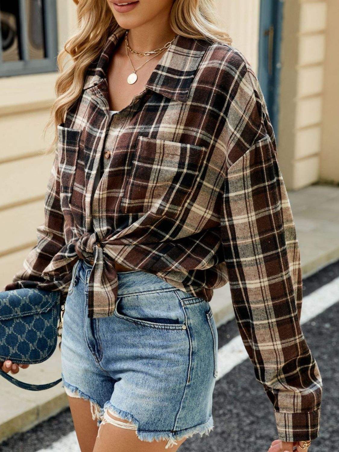 Plaid Collared Neck Long Sleeve Shirt - Trendsi - Flyclothing LLC
