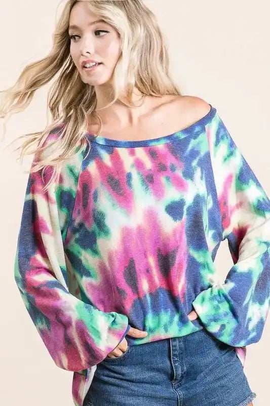 BiBi Tie Dye Print Terry Top with Puff Sleeves - Trendsi - Flyclothing LLC
