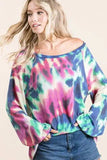 BiBi Tie Dye Print Terry Top with Puff Sleeves - Trendsi - Flyclothing LLC