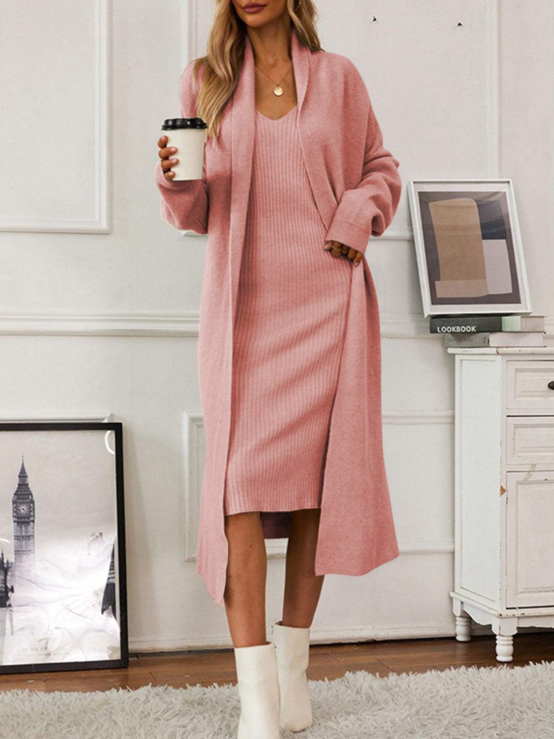 V-Neck Cami Dress and Open Front Cardigan Sweater Set - Trendsi - Flyclothing LLC