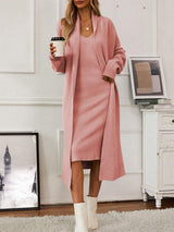 V-Neck Cami Dress and Open Front Cardigan Sweater Set - Trendsi - Flyclothing LLC