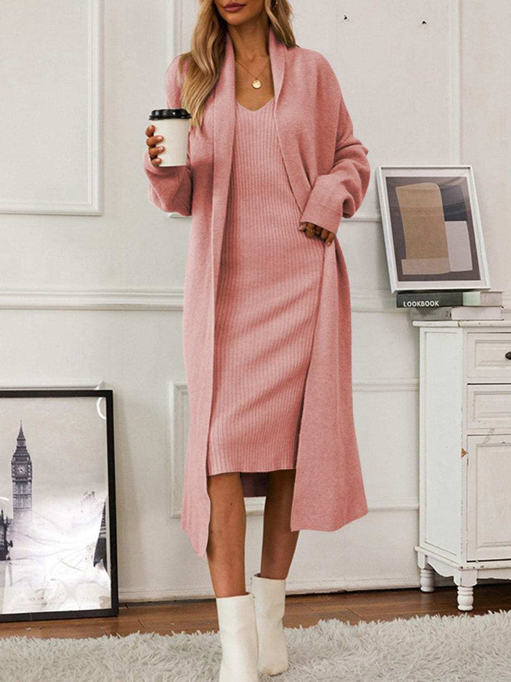 V-Neck Cami Dress and Open Front Cardigan Sweater Set - Trendsi - Flyclothing LLC