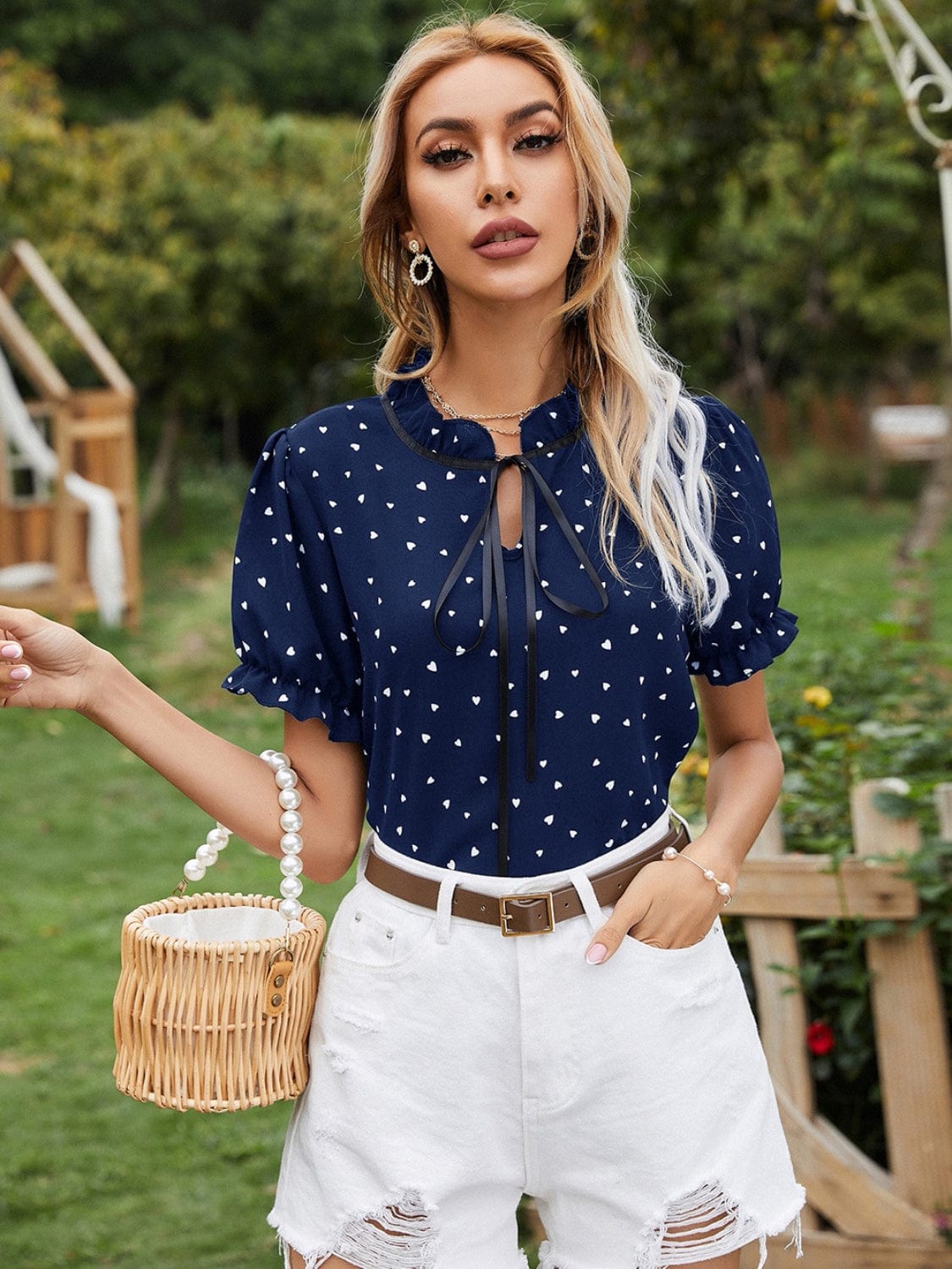 Heart Print Tie Neck Short Sleeve Blouse - Trendsi