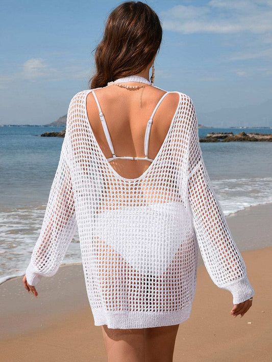 Backless Boat Neck Long Sleeve Cover Up - Trendsi - Flyclothing LLC