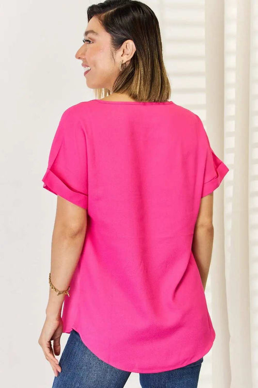 Zenana V-Neck Rolled Short Sleeve T-Shirt - Trendsi - Flyclothing LLC